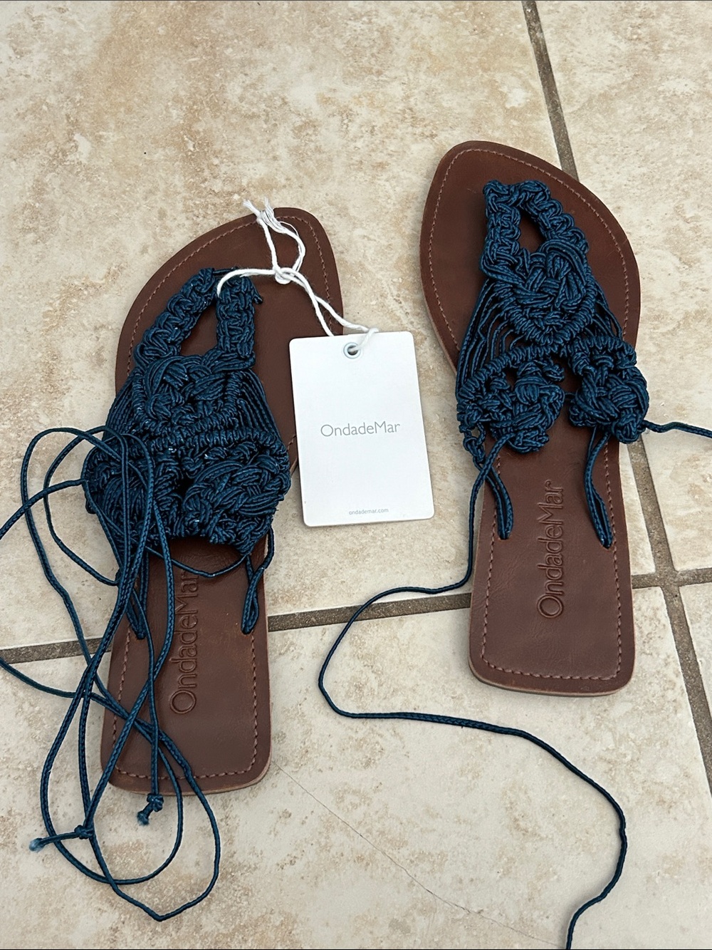 OndadeMar Brown Sandals with Navy Crochet Laces
